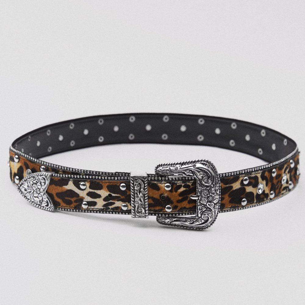 Zara Leather And Rhinestone Animal Print Belt NWT